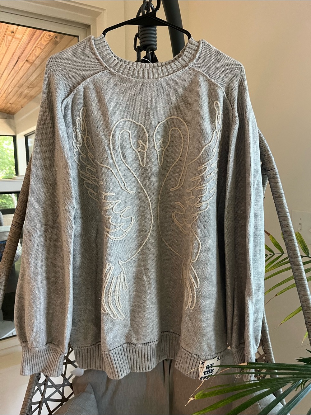 We The Free Grey Crewneck Sweater with Swan Embroidery - Picture 8 of 9